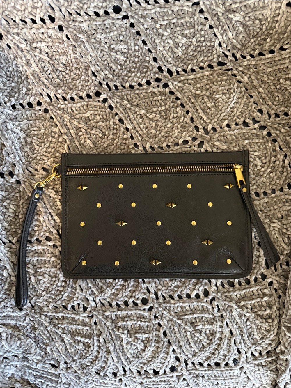 Fossil Black Leather Wristlet Clutch with Gold Stud Accents